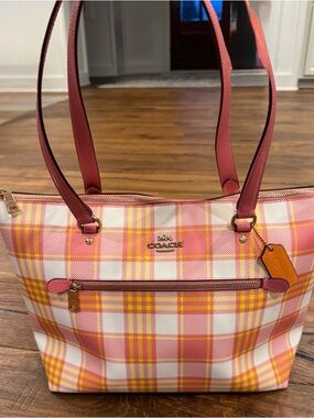 Coach Pink & Yellow Plaid Tote with Rose Leather Trim
